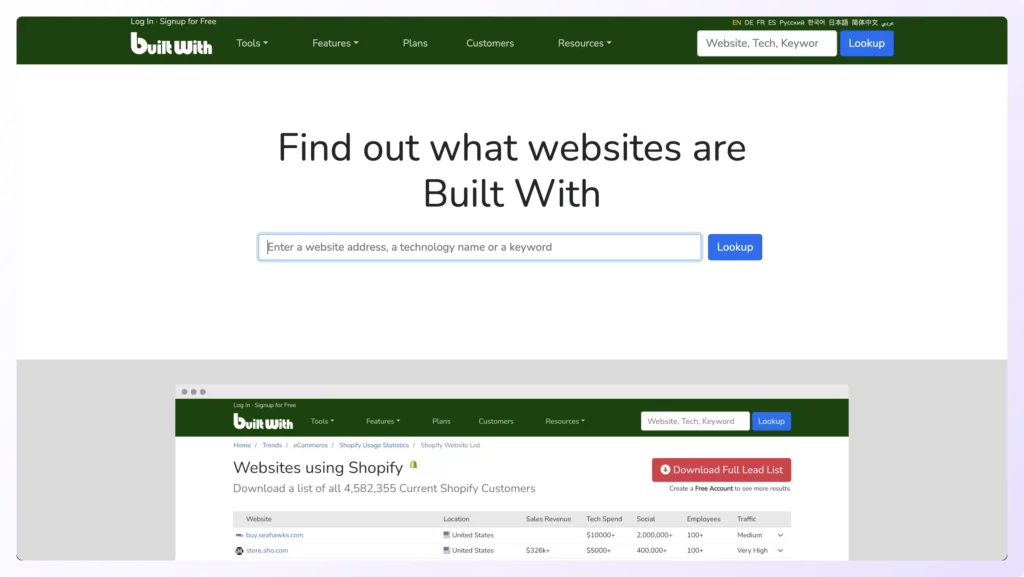 Builtwith- technology research tool helps to discover tools and frameworks
