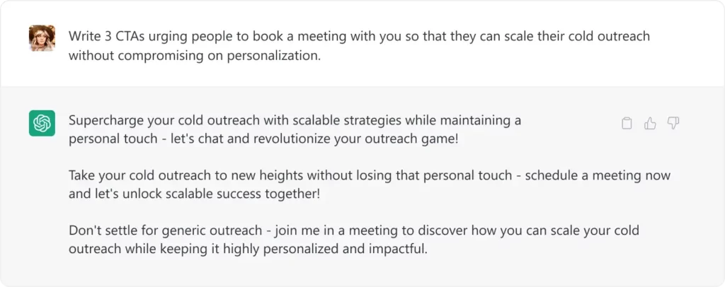 example of ChatGPT's prompt for crafting a compelling call to action to book a meeting