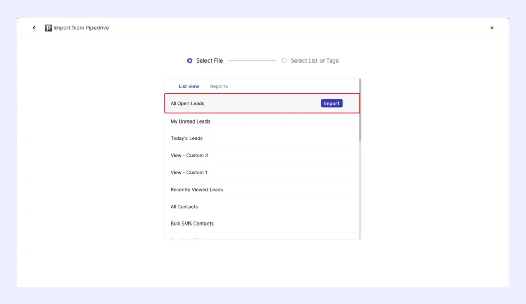 select pipedrive filter to import