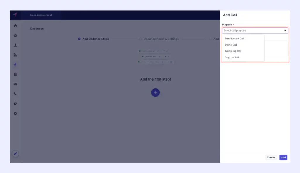 choose type of call to add in the cadence