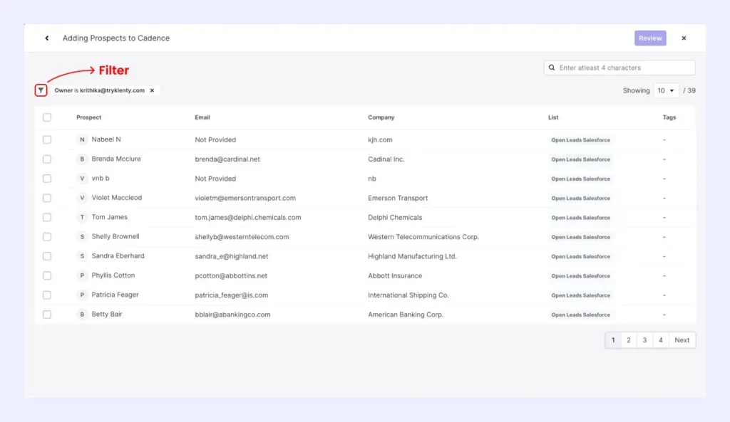 use filter option to list in the cadence