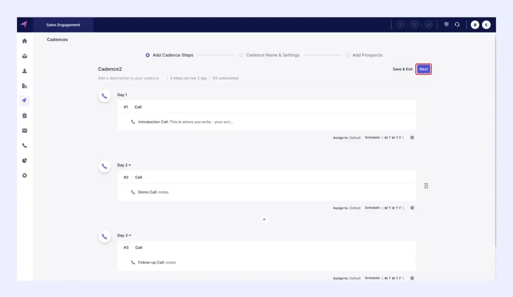 cadence after setting up call task