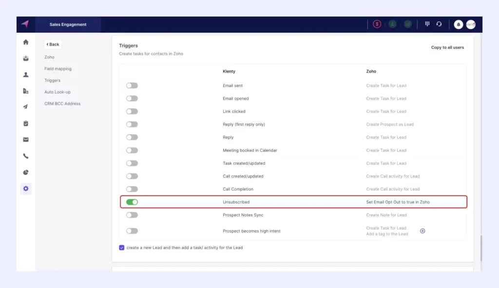 Set Email Opt-Out in Zoho CRM if a lead unsubscribes your outreach in Klenty