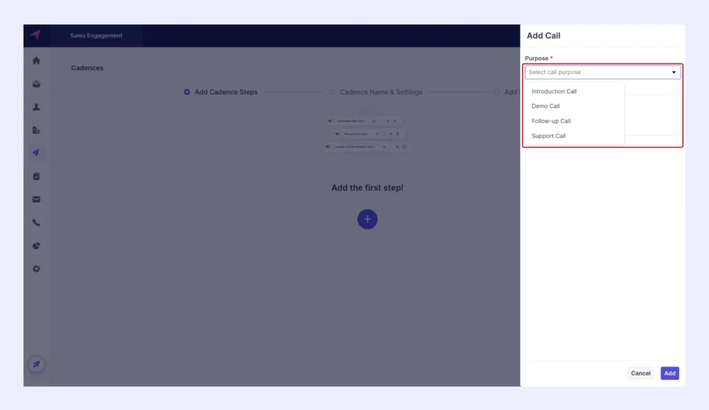 choose the type of call to add it in your cadence