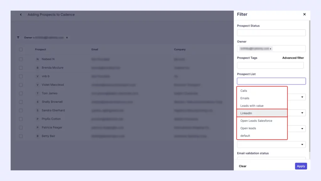 pick the prospect list to add in the cadence