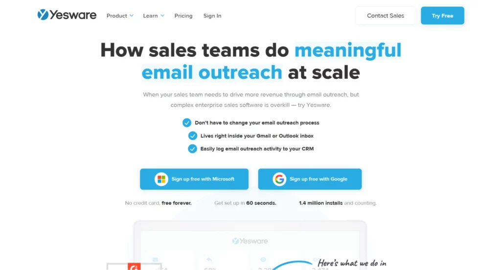 Landing page of Yesware
