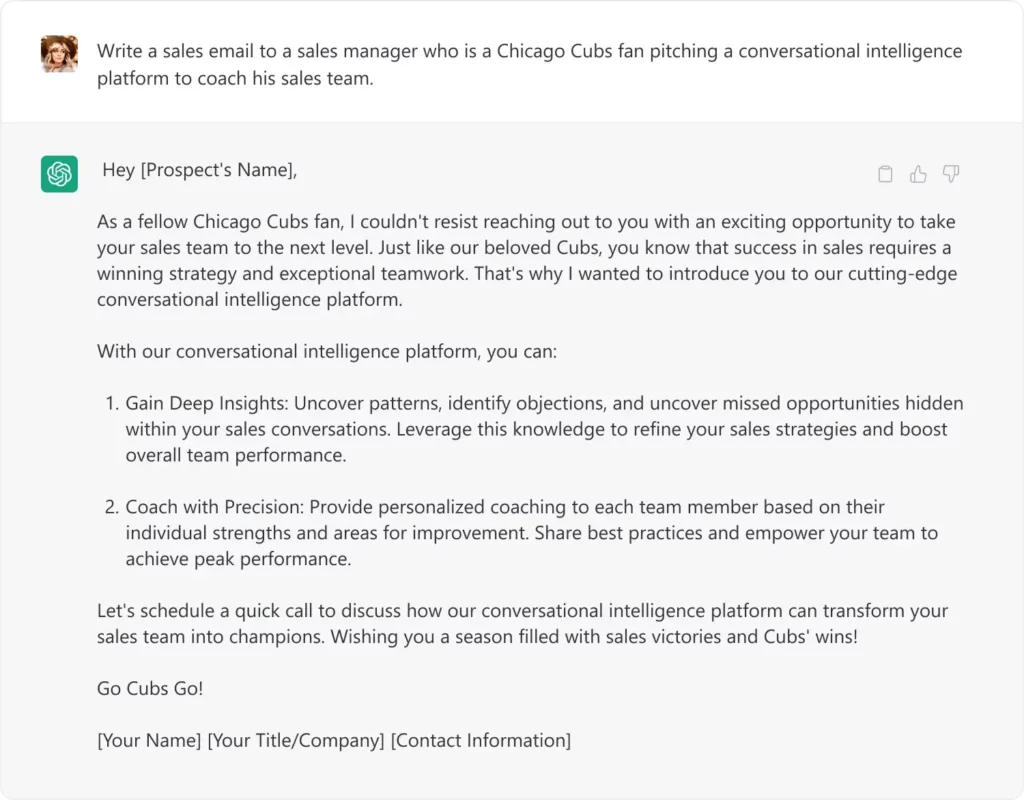 ChatGPT's result for the Prompt of Personalized Sales Emails Using Prospect’s Interests