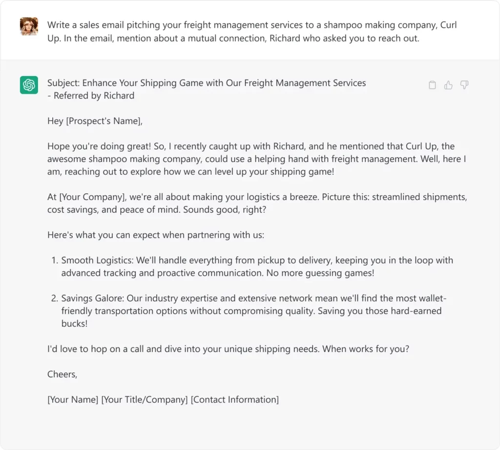 example prompt from ChatGPT for Mentioning a Mutual Connection in Sales Emails