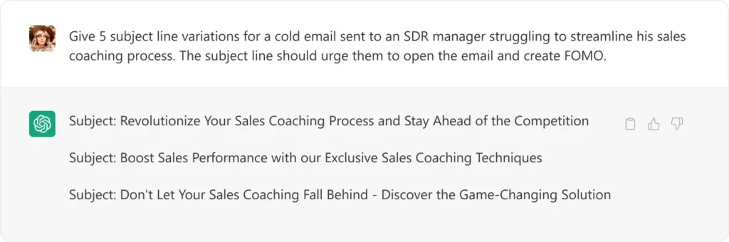 example of ChatGPT's Prompt to Create Catchy Subject Lines for sales emails