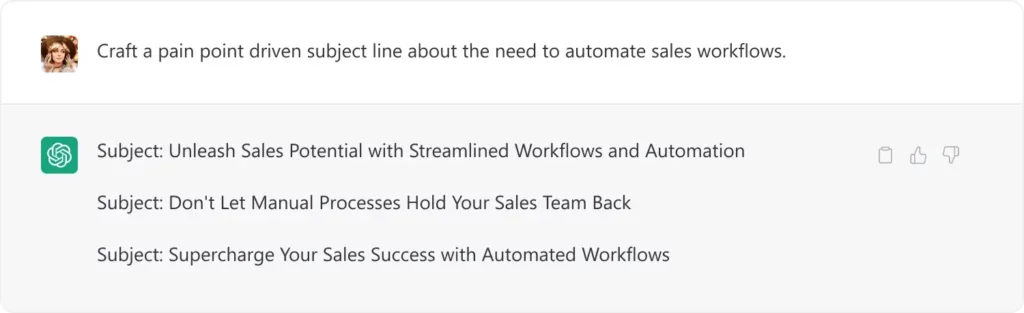 ChatGPT's Prompt example for Creating Catchy Subject Lines using pain points