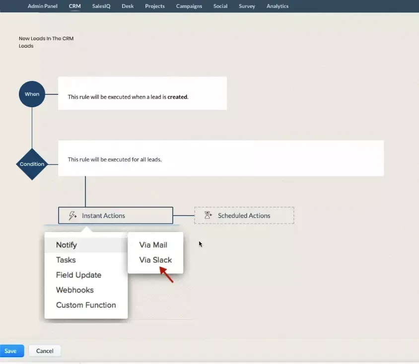 image guiding to set up workflow rules to get notified every time a lead enters your crm