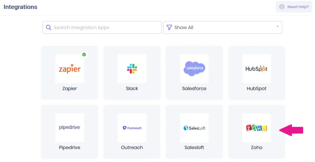 image guiding to select zoho from the integrations tab