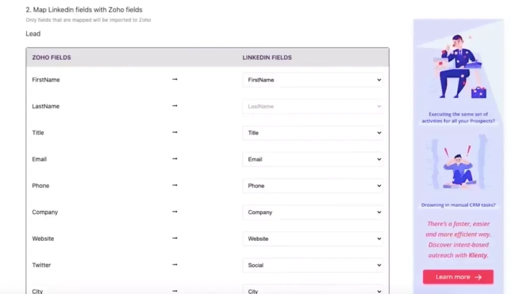 image representing to map LinkedIn and zoho fields to get it imported