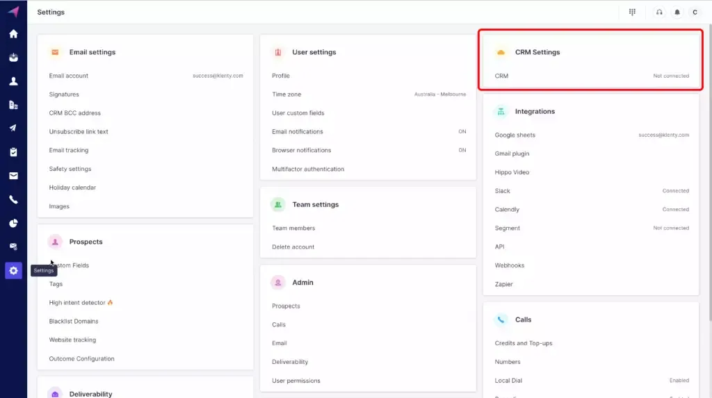 the image on how to select crm settings in klenty