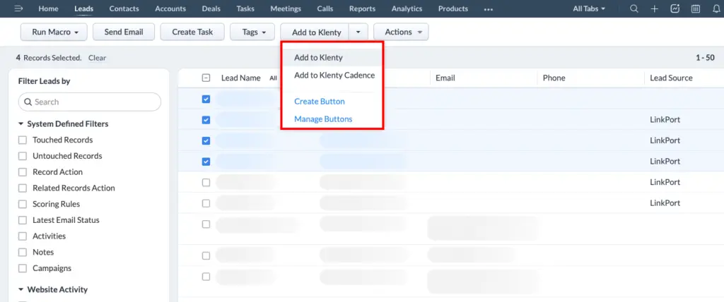 Use-Klenty's-Native-Widget-to-manually-add-certain-leads-from-Zoho-CRM.