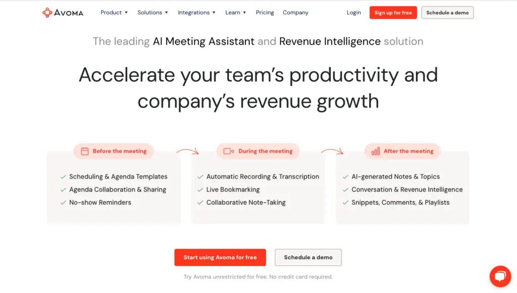 Avoma's AI-powered meeting assistant landing page