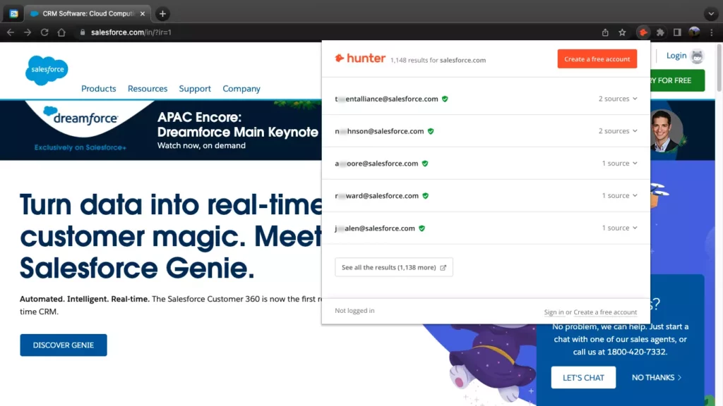 chrome extension hunter.io displays email addresses of a company