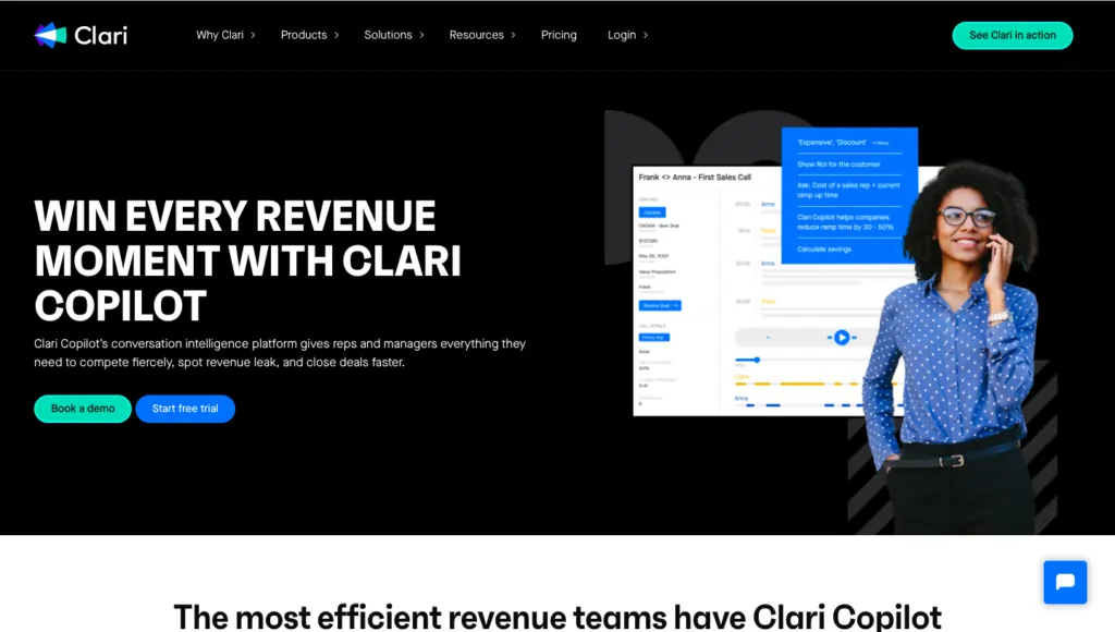 Clari Copilot conversation intelligence software landing page