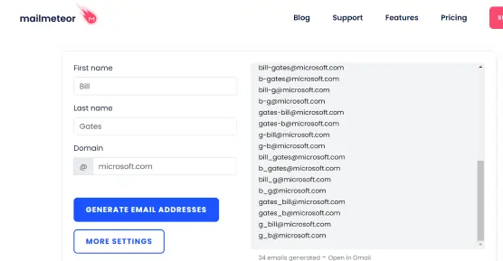email generator's "Mailmeteaor" window