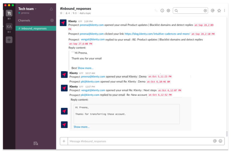 Klenty showing notifications in Slack channel