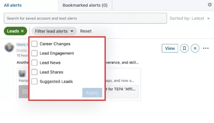 screenshot of lead related notifications