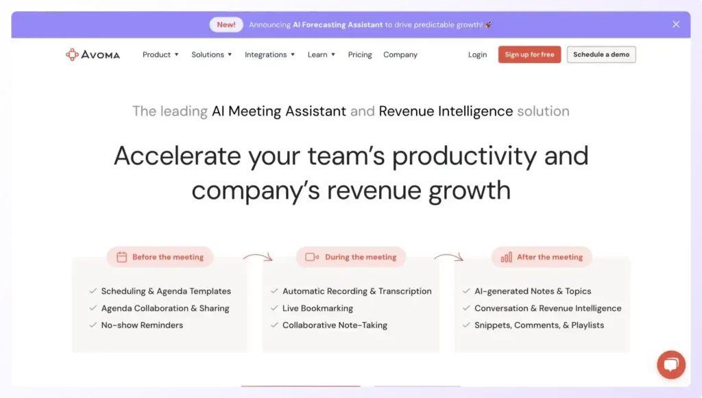 home page of Avoma AI meeting assistant as an all-in-one solution to recording sales calls