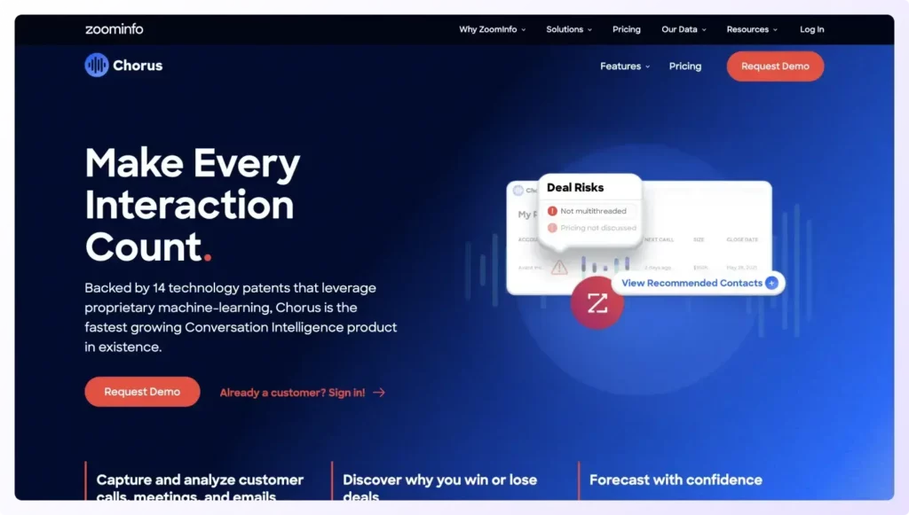 Landing page of Chorus by ZoomInfo sales call recording software for business