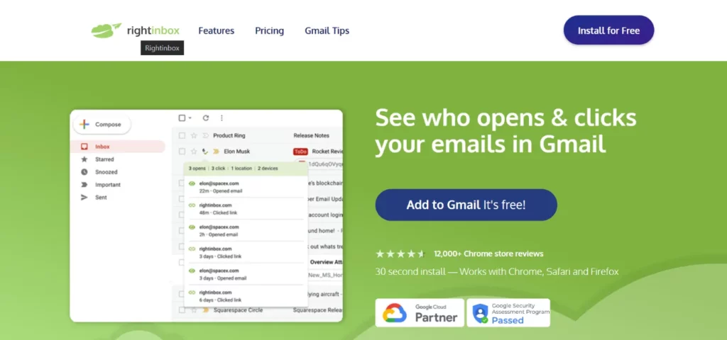 follow-up email software RightInbox's homepage