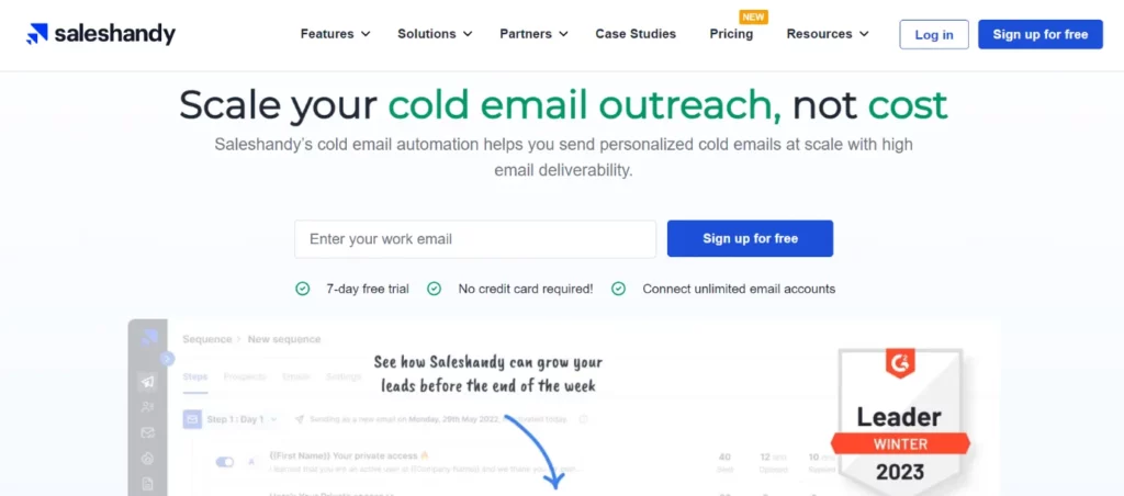 cold email outreach tool Saleshandy's homepage
