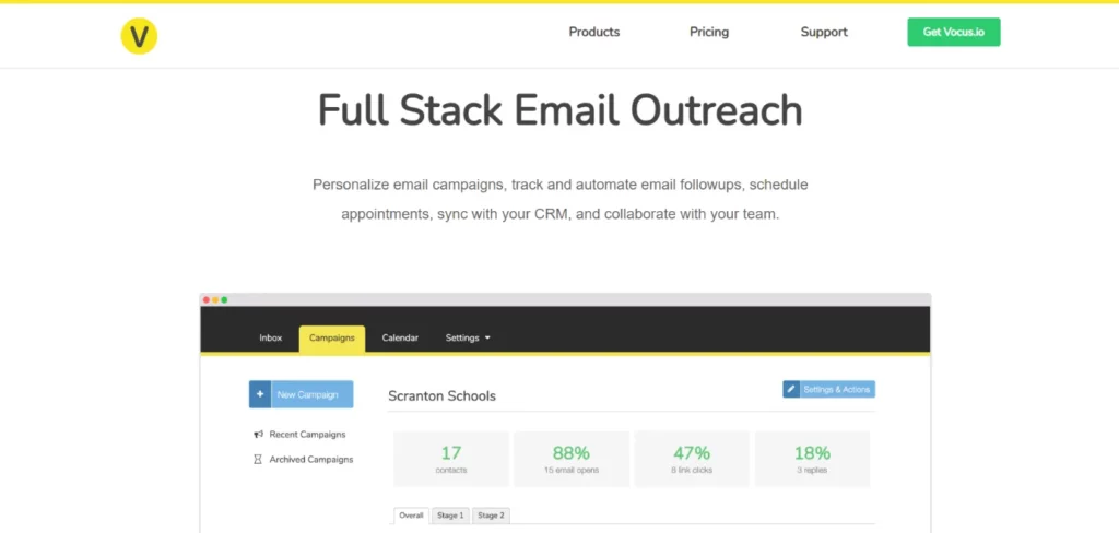 follow-up email software Vocus.io's homepage