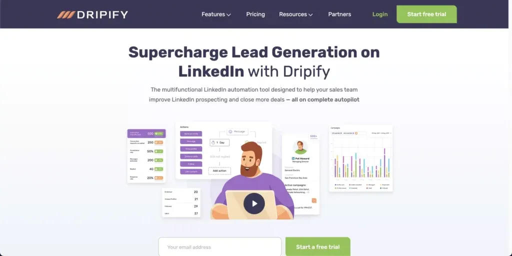 A screenshot of the LinkedIn automation tool, Dripify's landing page.
