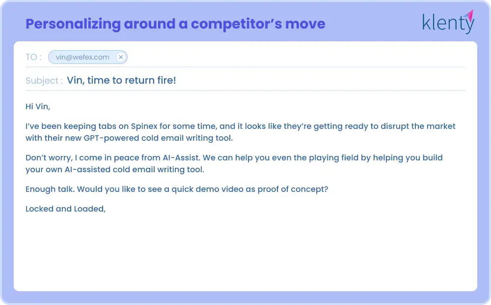 Example for Personalized email around a competitor’s move