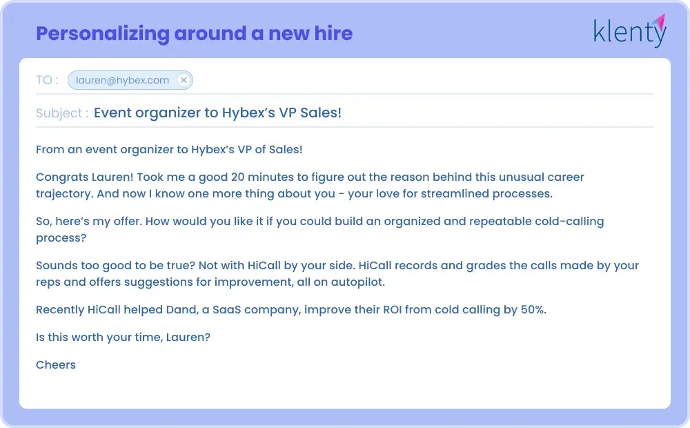 Personalized email sample around a new hire