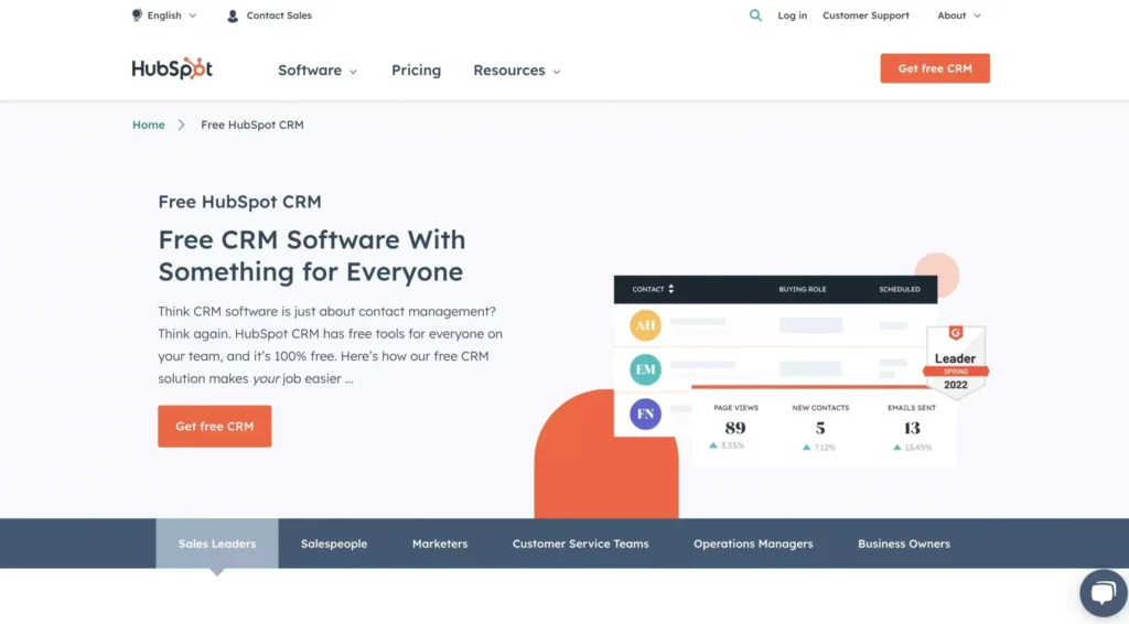 A screenshot of Hubspot's Landing page, a CRM software that offers free tools