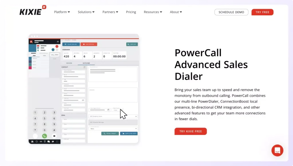 Landing page of Kixie Powercall cold calling software.