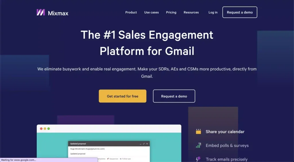 A screenshot of Mixmax's landing page, a sales engagement that helps in outreaching via Gmail. 