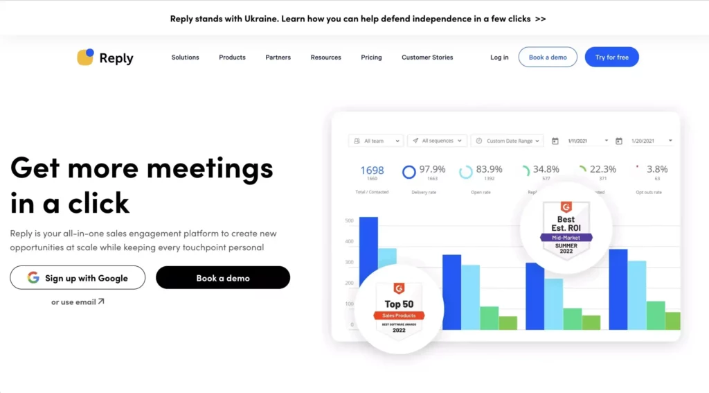 A screenshot of Reply's Landing page, an all-in-one sales engagement platform that helps grow sales with multichannel outreach, prospecting tools and integrations. 