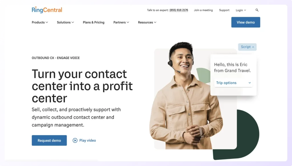 Landing page of RingCentral cold calling software.
