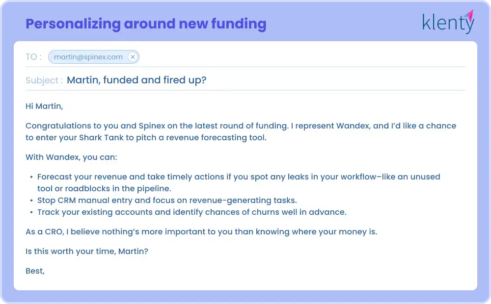 Personalized cold email example around new funding
