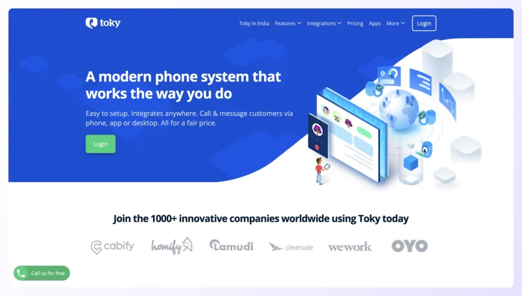 Landing page of Toky Cold calling tool.
