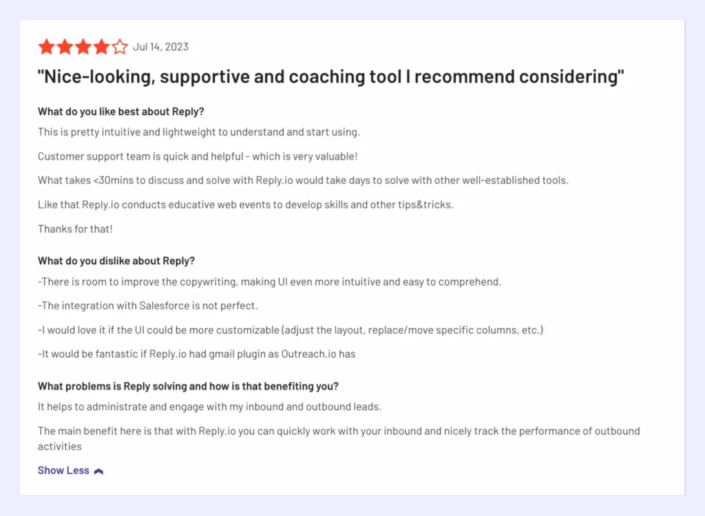 Customer Review about Reply.io's Customer Support