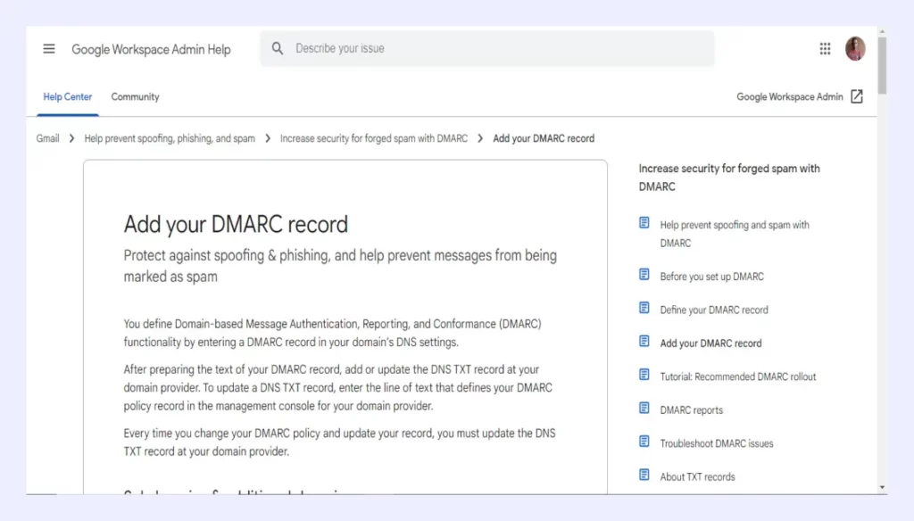 Google Workspace guidelines for add your DMARC record
