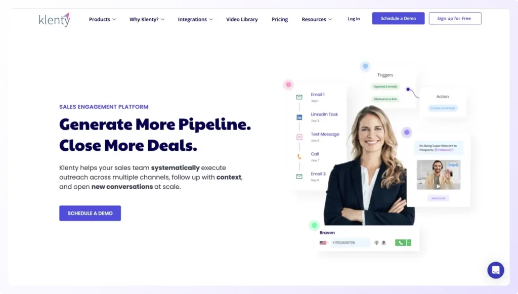 Landing page of sales engagement platform Klenty