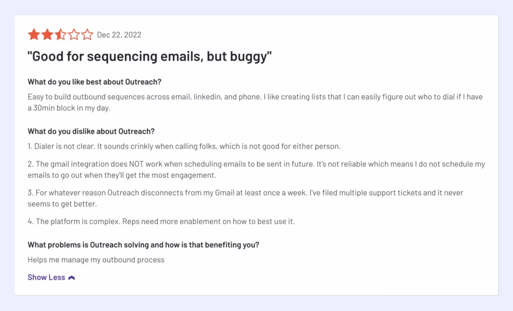 Customer Review about Outreach Outbound Sequence