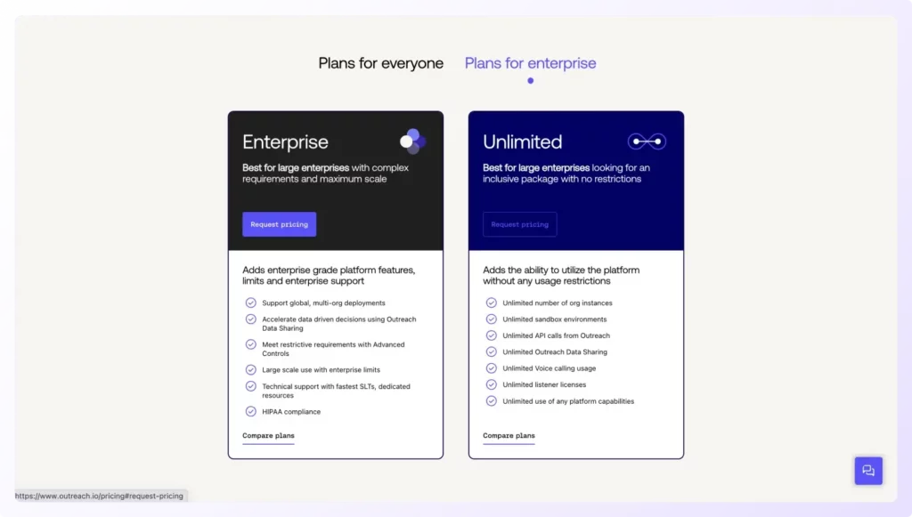 'Plans for Enterprise' of Outreach.io