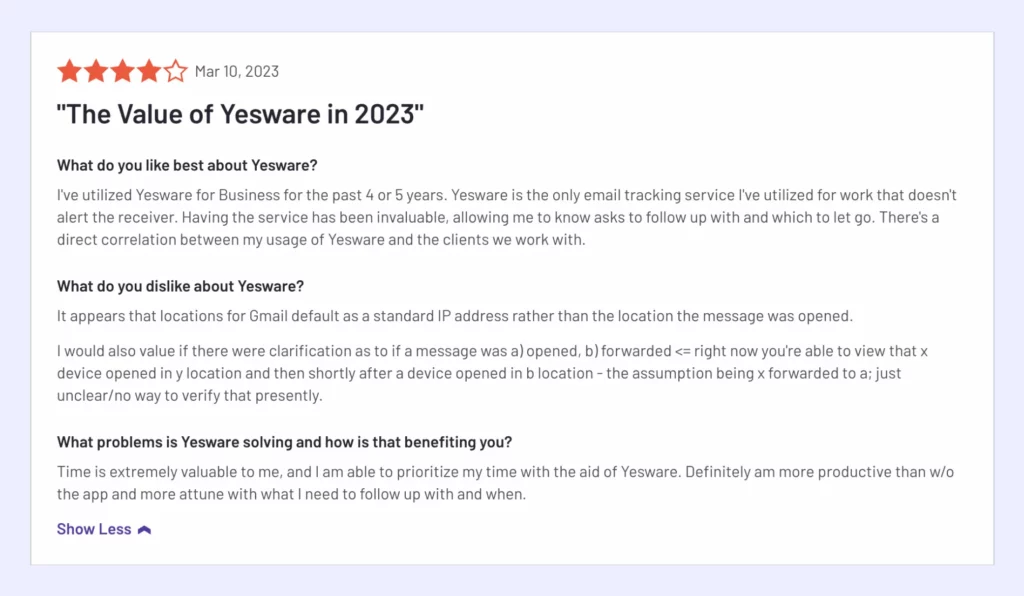 Yesware software's review about email tracking service