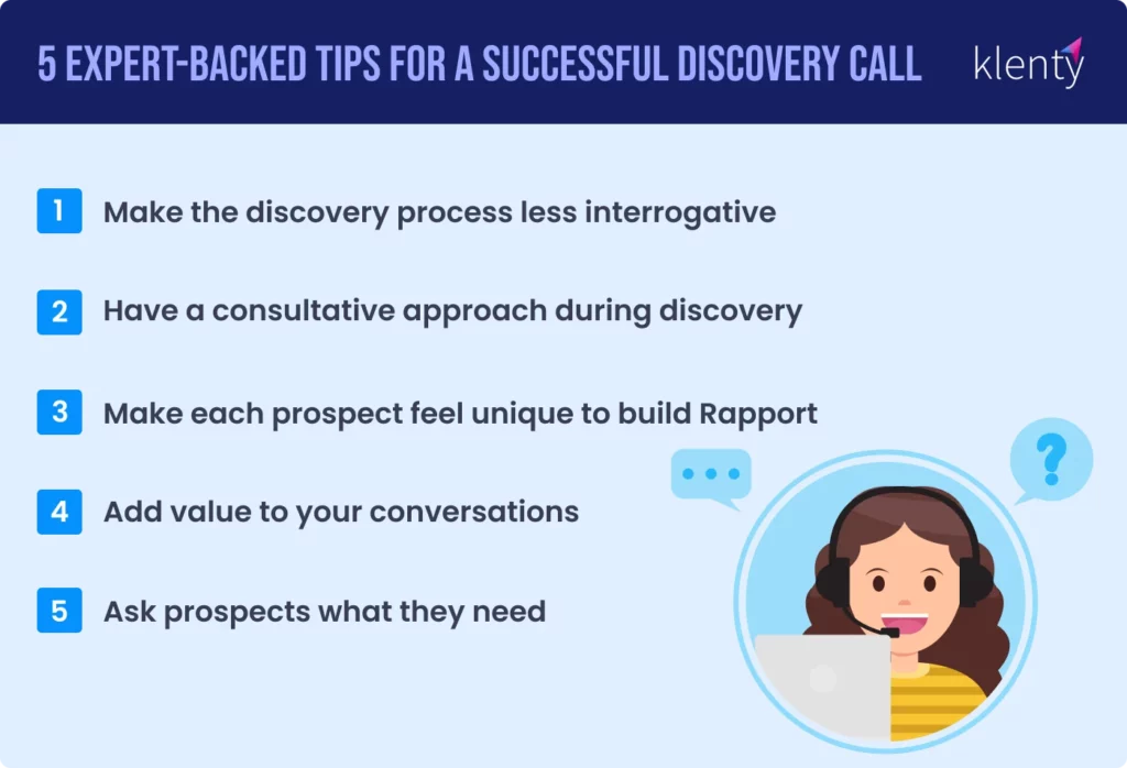 infographic representing 5 expert backed tips for a successful discovery call