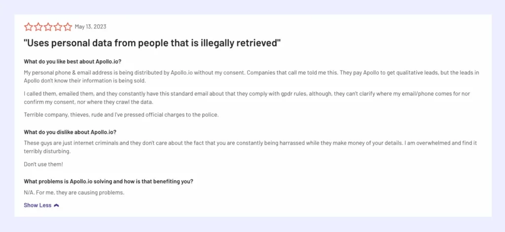 Apollo.io G2 review on using personal data