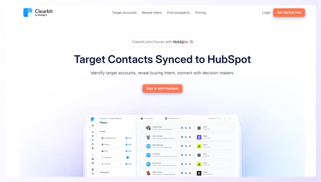 landing page of Clearbit by Hubspot b2b data provider tool