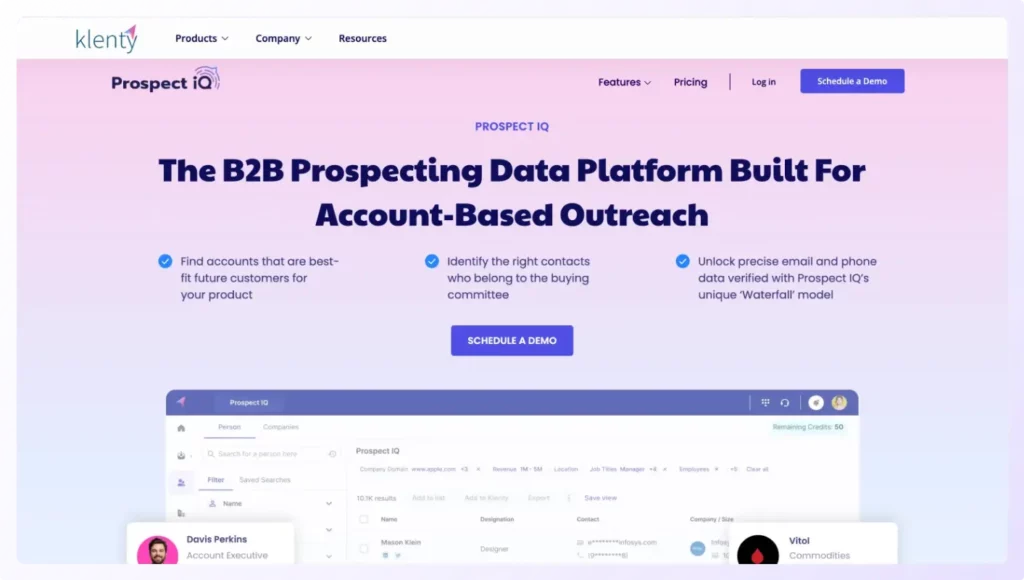 landing page of prospect iq by klenty the best b2b data provider